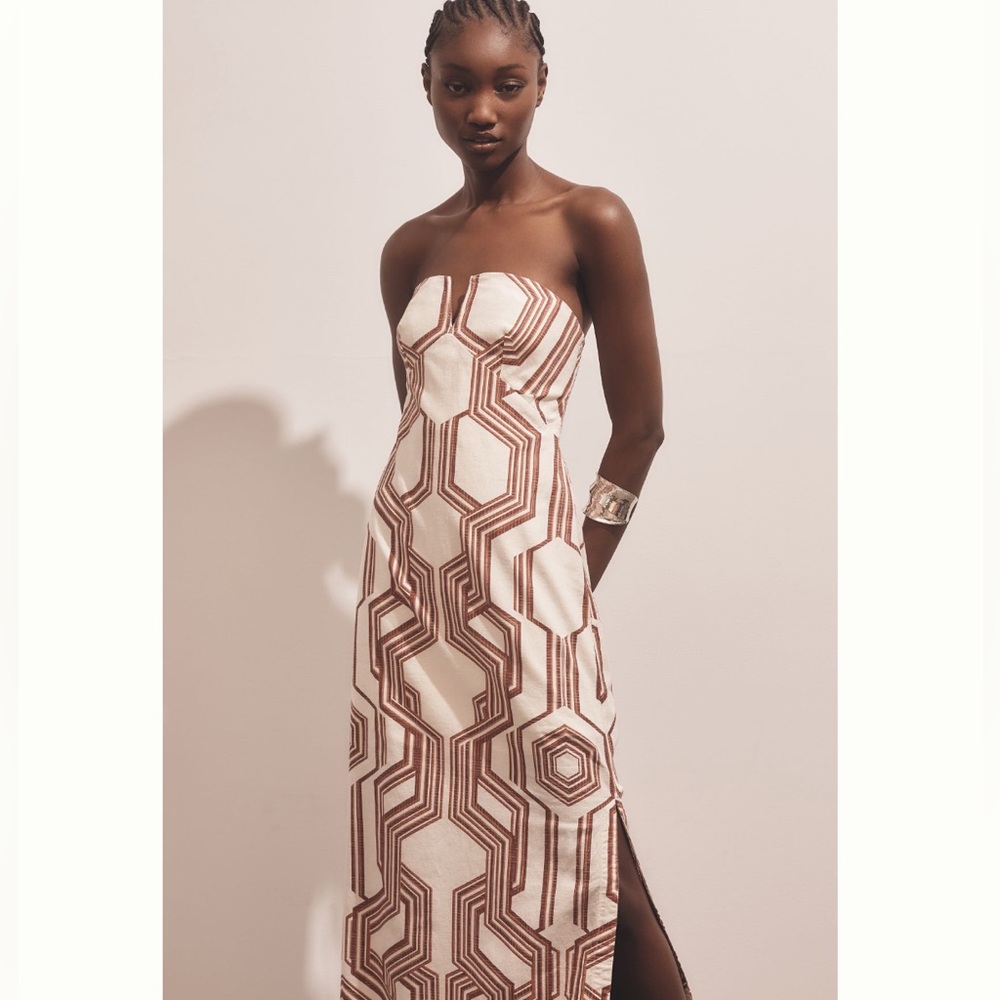Anthropologie Geometric Strapless Midi Dress - Brown and Cream